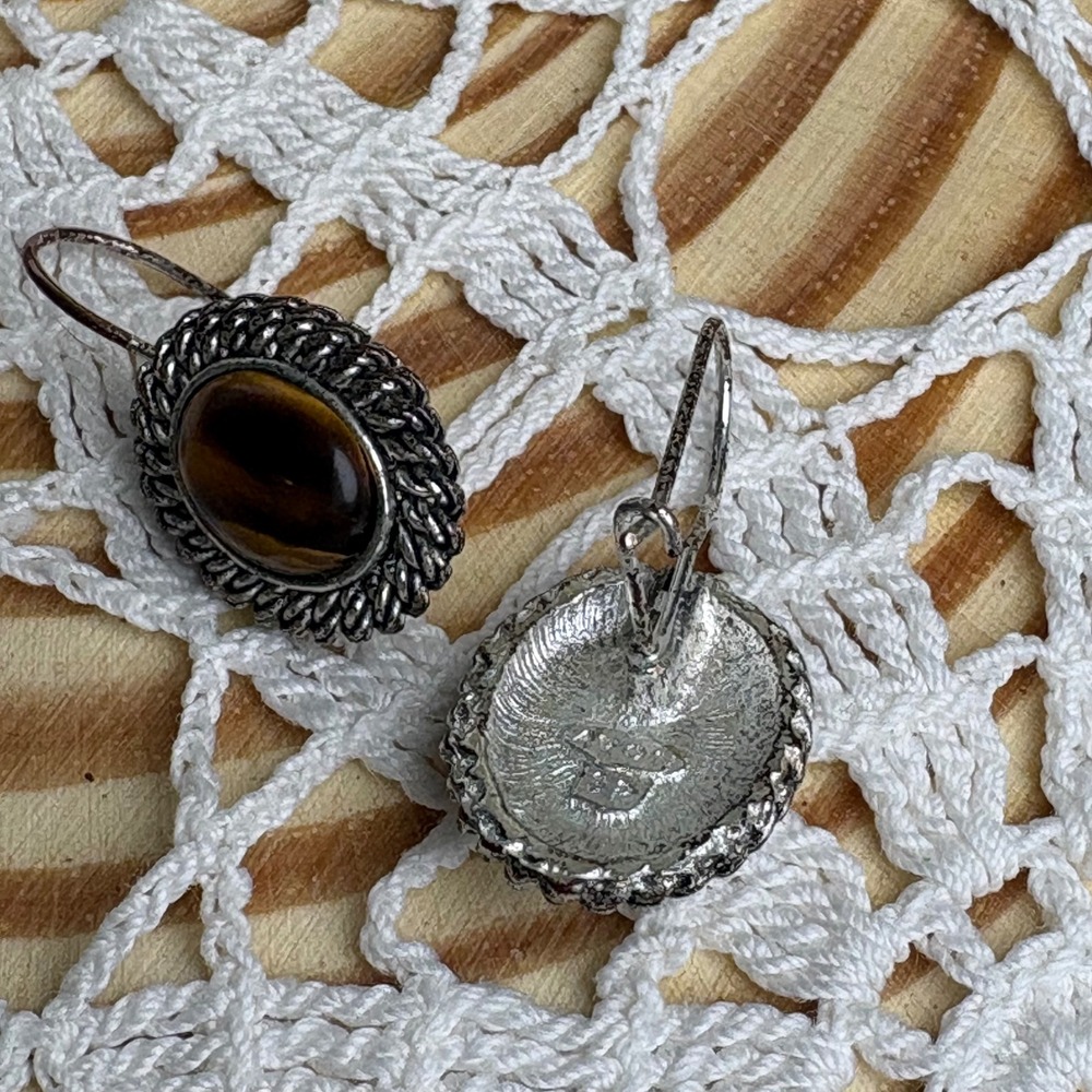Vintage Avon Tigers Eye Silver Tone Earrings Boho Cottagecore